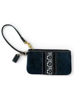 Vintage Coach Black Signature Stripe Wristlet Pouch Zip Clutch